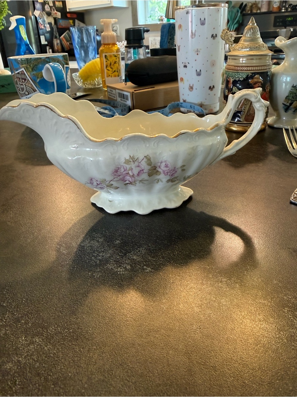 Porcelain Floral Gravy Boat with Gold Trim